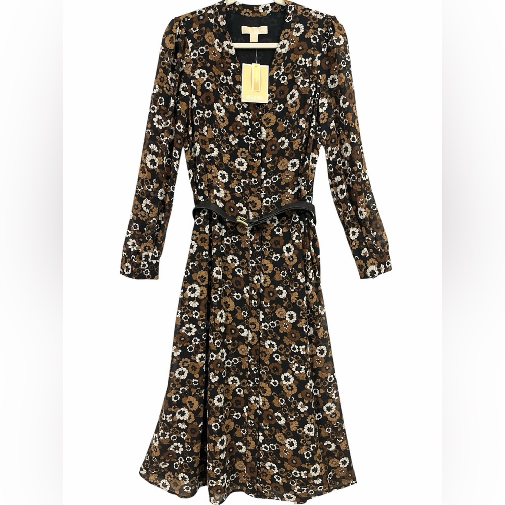 MICHAEL Kors Brown and White Button Front Shirt-Dress & Leather Belt NWT! Size M